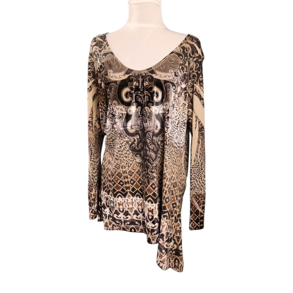 One World Beige and Black Patterned Boho Blouse - Women’s Plus Size 2X